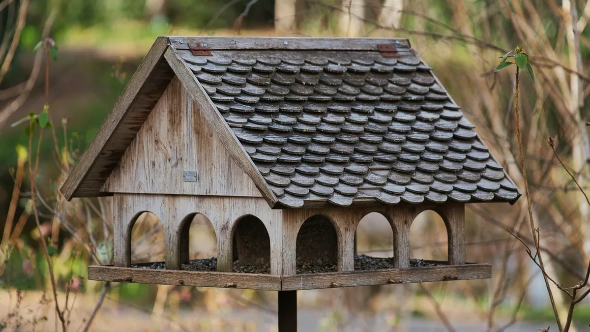 Casa nido de pájaros de madera con techo de tejas en entorno natural, decoración rústica para jardín